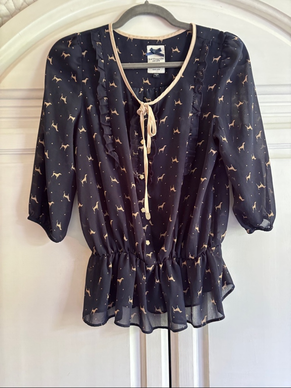 La Chapelle Navy Blouse with tan Dog Print